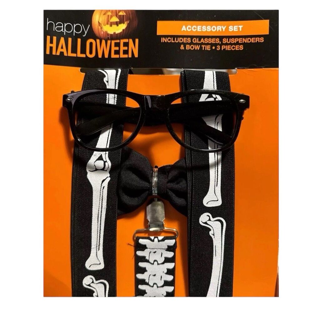 Happy Halloween Skeleton Suspenders Black Bow Tie Geek Glasses Accessory Costume